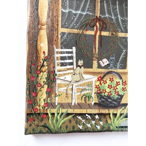 Hand painted Cottagecore Country House Wall Hanging farmhouse Cat on Chair 16" - Picture 3 of 4